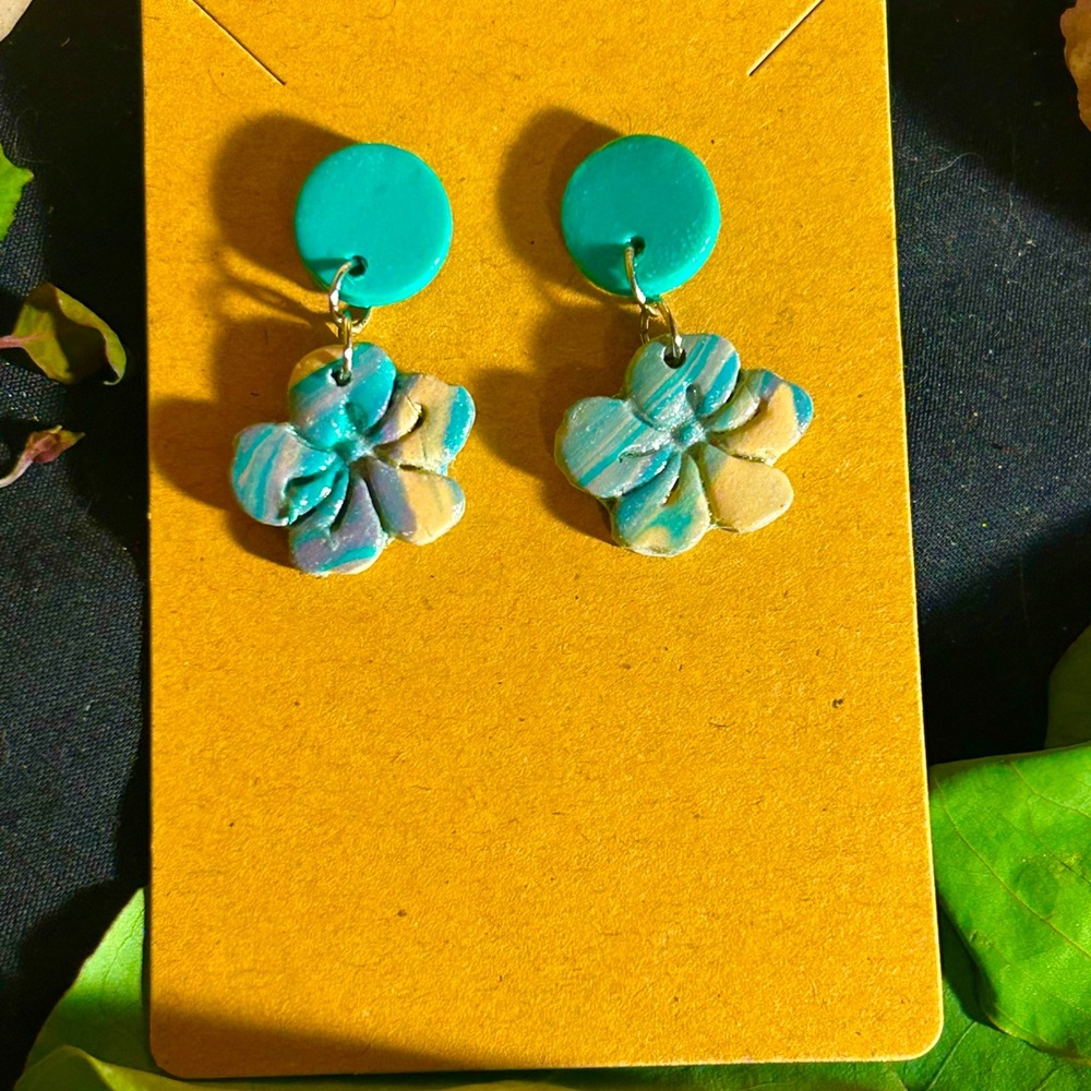 Turquoise Floral Hibiscus Dangle Stud Earrings